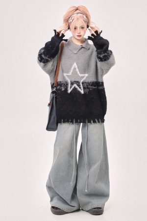 Casual Day Outfits, Easy Trendy Outfits Pastel Knit Sweater with Star Design