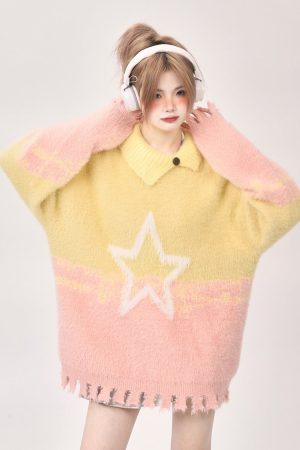 Casual Day Outfits, Easy Trendy Outfits Pastel Knit Sweater with Star Design