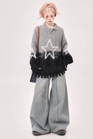 Casual Day Outfits, Easy Trendy Outfits Pastel Knit Sweater with Star Design