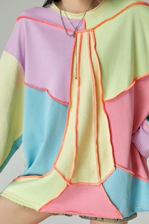 Casual Day Outfits, Easy Trendy Outfits Pastel Patchwork Oversized Sweatshirt