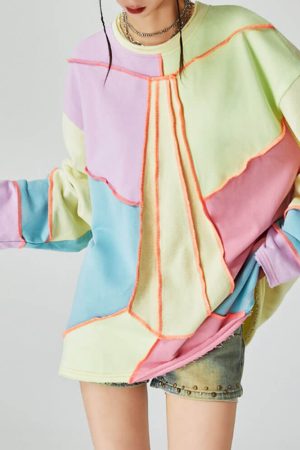 Casual Day Outfits, Easy Trendy Outfits Pastel Patchwork Oversized Sweatshirt