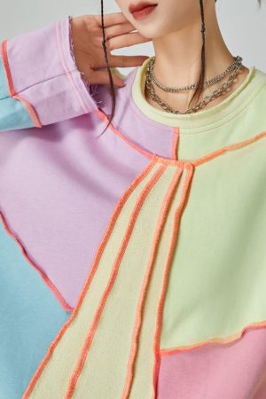 Casual Day Outfits, Easy Trendy Outfits Pastel Patchwork Oversized Sweatshirt