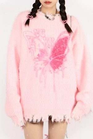 Casual Day Outfits, Easy Trendy Outfits Pastel Pink Butterfly Sweater