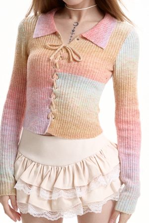 Casual Day Outfits, Easy Trendy Outfits Pastel Rainbow Knit Top