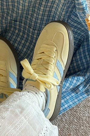 Casual Day Outfits, Easy Trendy Outfits Pastel Yellow & Blue Stripe Sneakers
