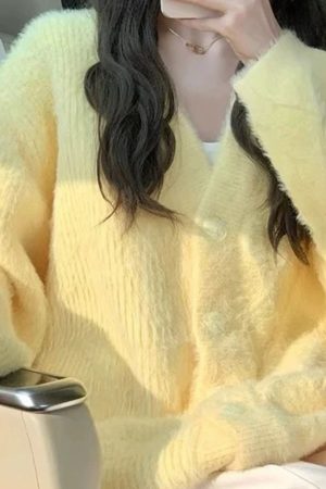 Casual Day Outfits, Easy Trendy Outfits Pastel Yellow Fuzzy Cardigan