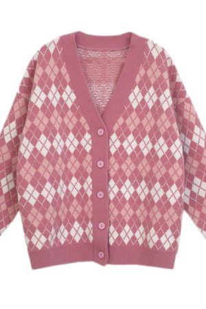 Casual Day Outfits, Easy Trendy Outfits Pink Argyle Knit Cardigan
