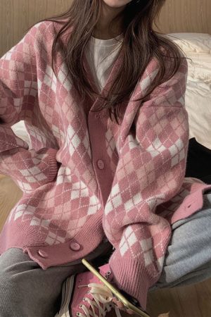 Casual Day Outfits, Easy Trendy Outfits Pink Argyle Knit Cardigan