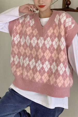 Casual Day Outfits, Easy Trendy Outfits Pink Argyle Knit Cardigan