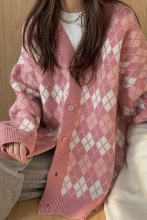 Casual Day Outfits, Easy Trendy Outfits Pink Argyle Knit Cardigan