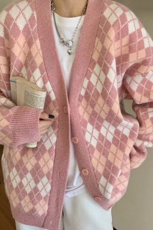 Casual Day Outfits, Easy Trendy Outfits Pink Argyle Knit Cardigan