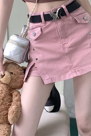 Casual Day Outfits, Easy Trendy Outfits Pink Denim Skort with Butterfly Belt