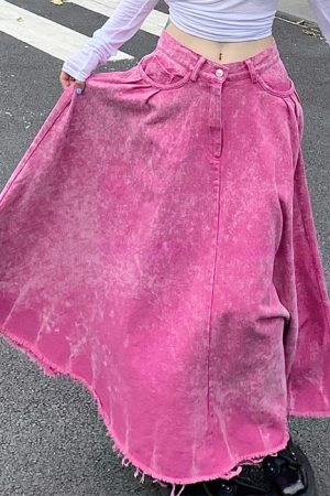 Casual Day Outfits, Easy Trendy Outfits Pink Distressed Denim Maxi Skirt