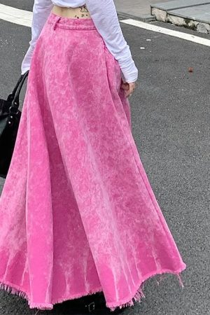 Casual Day Outfits, Easy Trendy Outfits Pink Distressed Denim Maxi Skirt