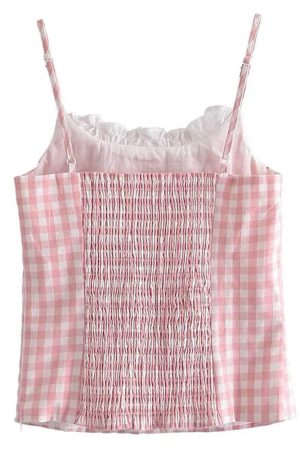 Casual Day Outfits, Easy Trendy Outfits Pink Gingham Lace Trim Cami Top
