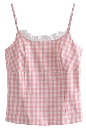 Casual Day Outfits, Easy Trendy Outfits Pink Gingham Lace Trim Cami Top