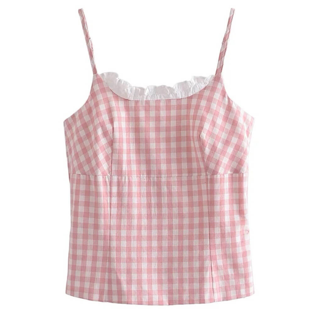 Casual Day Outfits, Easy Trendy Outfits Pink Gingham Lace Trim Cami Top Casual Day Outfits, Easy Trendy Outfits Pink Gingham Lace Trim Cami Top