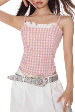 Casual Day Outfits, Easy Trendy Outfits Pink Gingham Lace Trim Cami Top