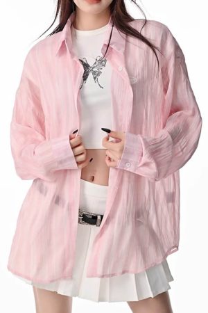 Casual Day Outfits, Easy Trendy Outfits Pink Sheer Oversized Shirt