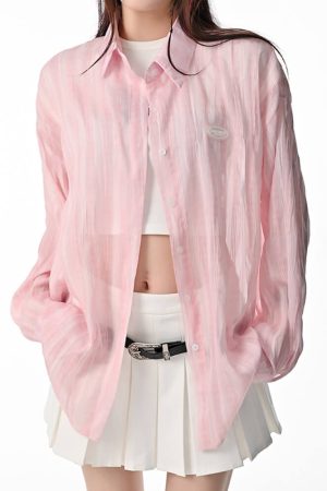 Casual Day Outfits, Easy Trendy Outfits Pink Sheer Oversized Shirt