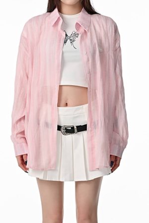 Casual Day Outfits, Easy Trendy Outfits Pink Sheer Oversized Shirt