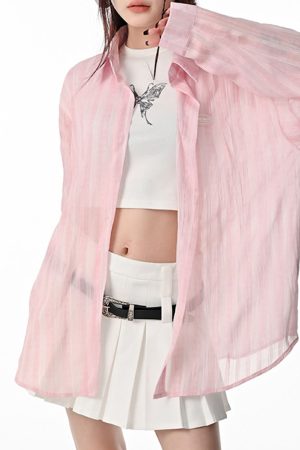 Casual Day Outfits, Easy Trendy Outfits Pink Sheer Oversized Shirt