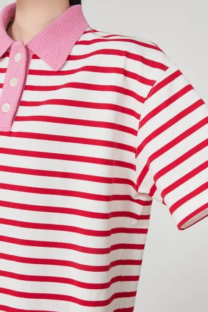 Casual Day Outfits, Easy Trendy Outfits Pink Stripe Skater Polo Shirt