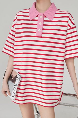 Casual Day Outfits, Easy Trendy Outfits Pink Stripe Skater Polo Shirt