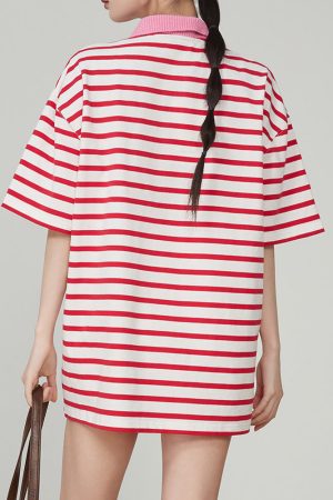 Casual Day Outfits, Easy Trendy Outfits Pink Stripe Skater Polo Shirt