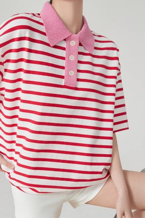 Casual Day Outfits, Easy Trendy Outfits Pink Stripe Skater Polo Shirt