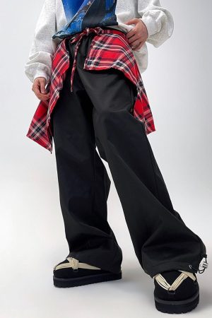 Casual Day Outfits, Easy Trendy Outfits Plaid Shirt-Tied Baggy Trousers