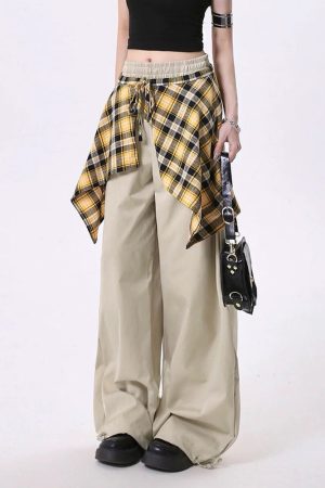Casual Day Outfits, Easy Trendy Outfits Plaid Shirt-Tied Baggy Trousers