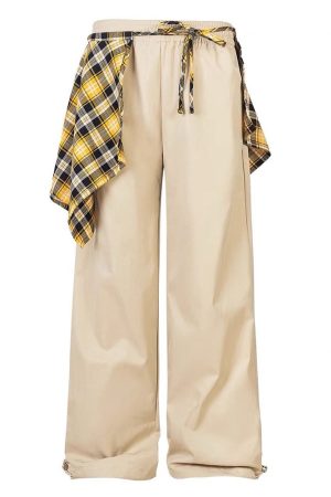 Casual Day Outfits, Easy Trendy Outfits Plaid Shirt-Tied Baggy Trousers