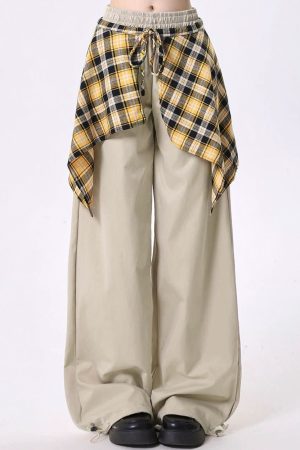 Casual Day Outfits, Easy Trendy Outfits Plaid Shirt-Tied Baggy Trousers