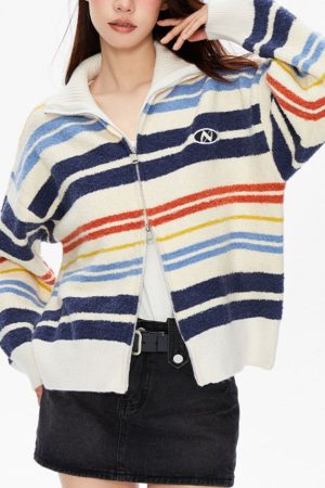 Casual Day Outfits, Easy Trendy Outfits Prep School Striped Zip Up Long Sleeve
