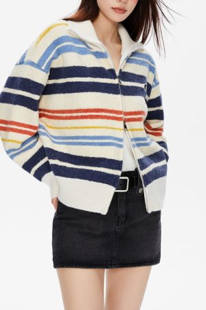 Casual Day Outfits, Easy Trendy Outfits Prep School Striped Zip Up Long Sleeve