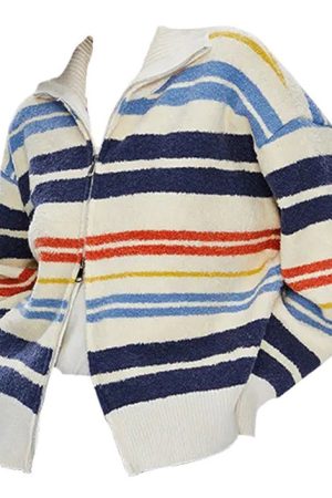 Casual Day Outfits, Easy Trendy Outfits Prep School Striped Zip Up Long Sleeve