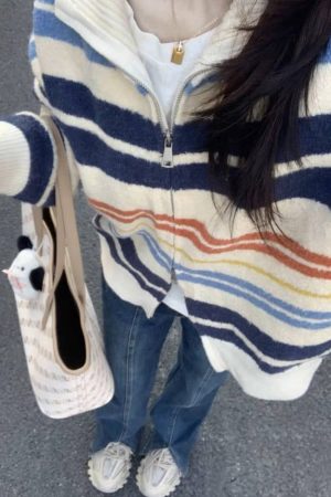 Casual Day Outfits, Easy Trendy Outfits Prep School Striped Zip Up Long Sleeve