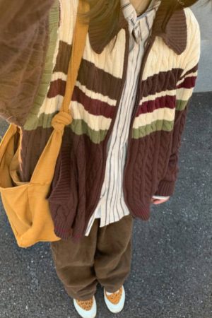 Casual Day Outfits, Easy Trendy Outfits Preppy Aesthetic Collar Striped Cardigan