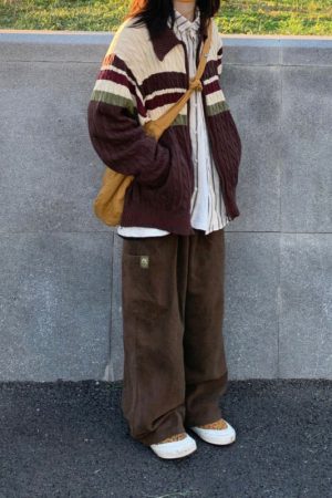 Casual Day Outfits, Easy Trendy Outfits Preppy Aesthetic Collar Striped Cardigan