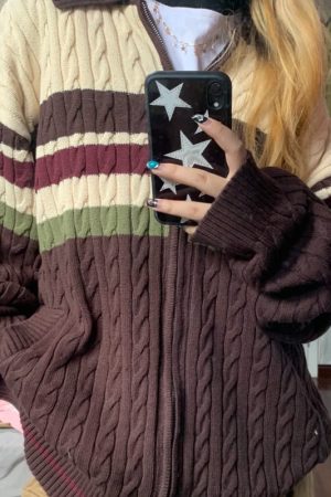 Casual Day Outfits, Easy Trendy Outfits Preppy Aesthetic Collar Striped Cardigan