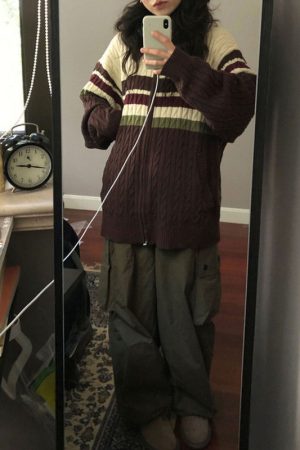 Casual Day Outfits, Easy Trendy Outfits Preppy Aesthetic Collar Striped Cardigan