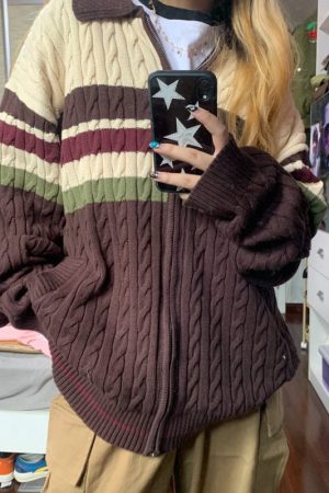 Casual Day Outfits, Easy Trendy Outfits Preppy Aesthetic Collar Striped Cardigan