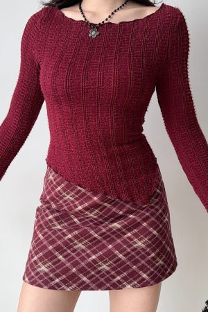Casual Day Outfits, Easy Trendy Outfits Preppy Burgundy Plaid Mini Skirt
