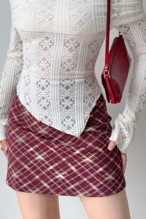 Casual Day Outfits, Easy Trendy Outfits Preppy Burgundy Plaid Mini Skirt