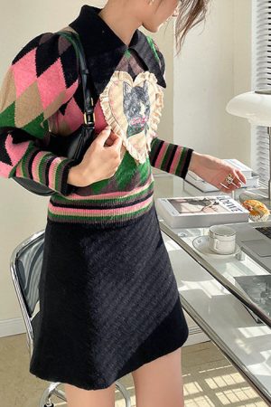 Casual Day Outfits, Easy Trendy Outfits Preppy Cat Argyle Collar Jumper