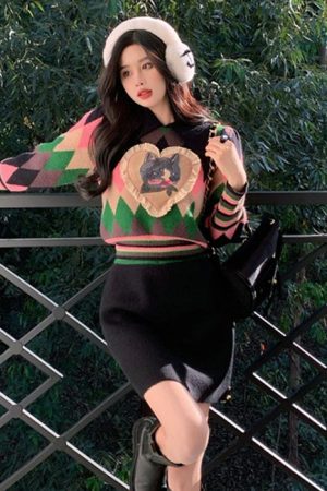 Casual Day Outfits, Easy Trendy Outfits Preppy Cat Argyle Collar Jumper