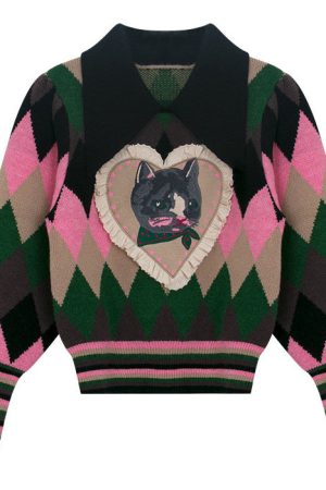 Casual Day Outfits, Easy Trendy Outfits Preppy Cat Argyle Collar Jumper