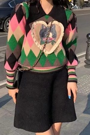 Casual Day Outfits, Easy Trendy Outfits Preppy Cat Argyle Collar Jumper