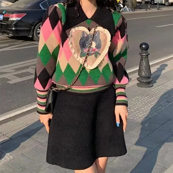 Casual Day Outfits, Easy Trendy Outfits Preppy Cat Argyle Collar Jumper Casual Day Outfits, Easy Trendy Outfits Preppy Cat Argyle Collar Jumper